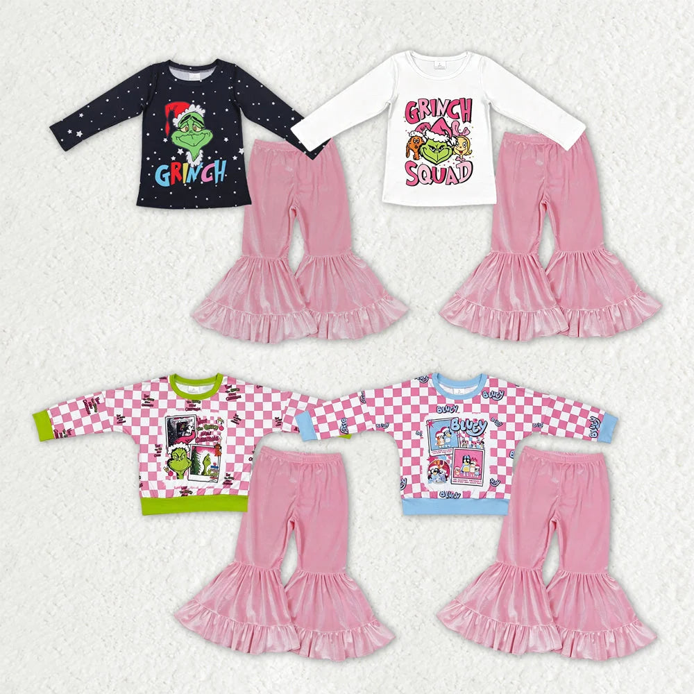 Sibling Baby Girls Christmas Green Face Top with Pink Velvet Bell Bottom Pants Outfit