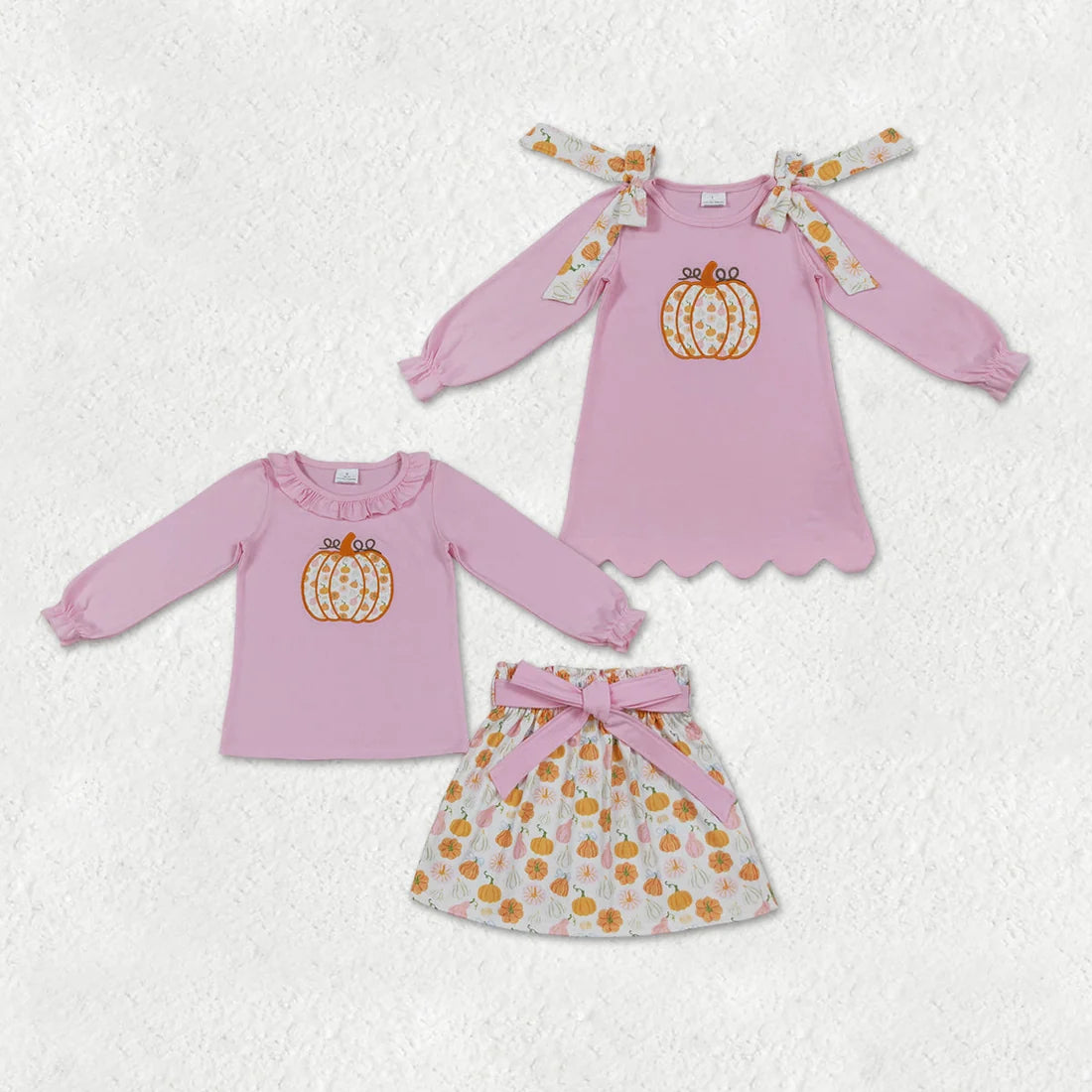 Sibling Baby Girls Embroidery Floral Pumpkin Pink Top Skirt Set +Dress