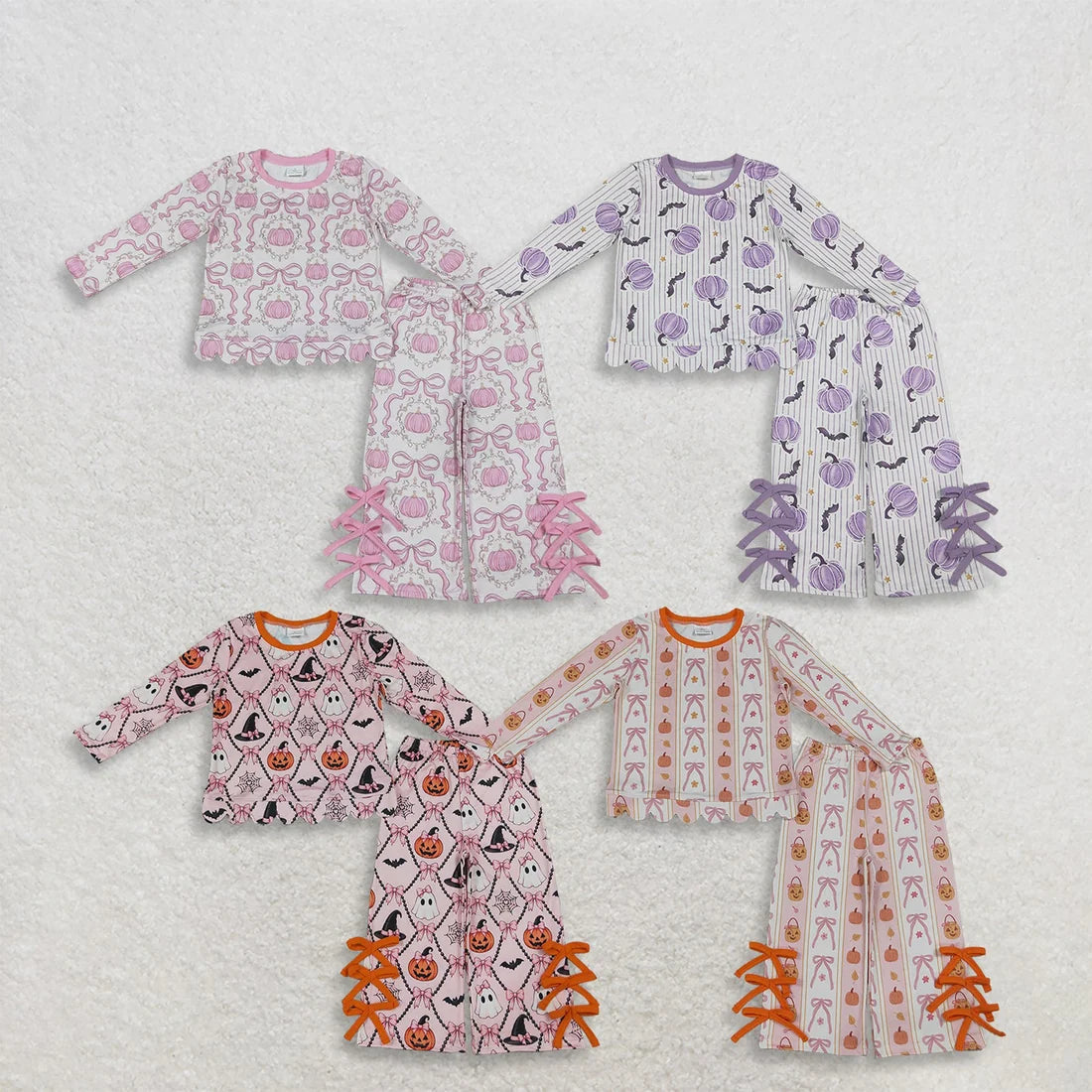 Sibling Baby  Girls Bows Pumpkin Scallop Top with Flare Pants Outfit