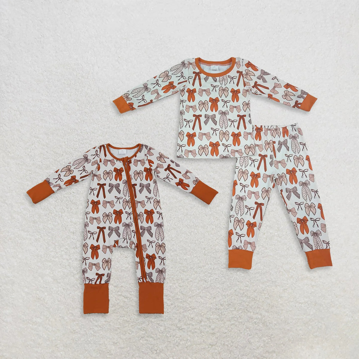 Sibling Baby Girls Fall Bows Long Sleeve Top Pants Pajama Set Zipper Romper