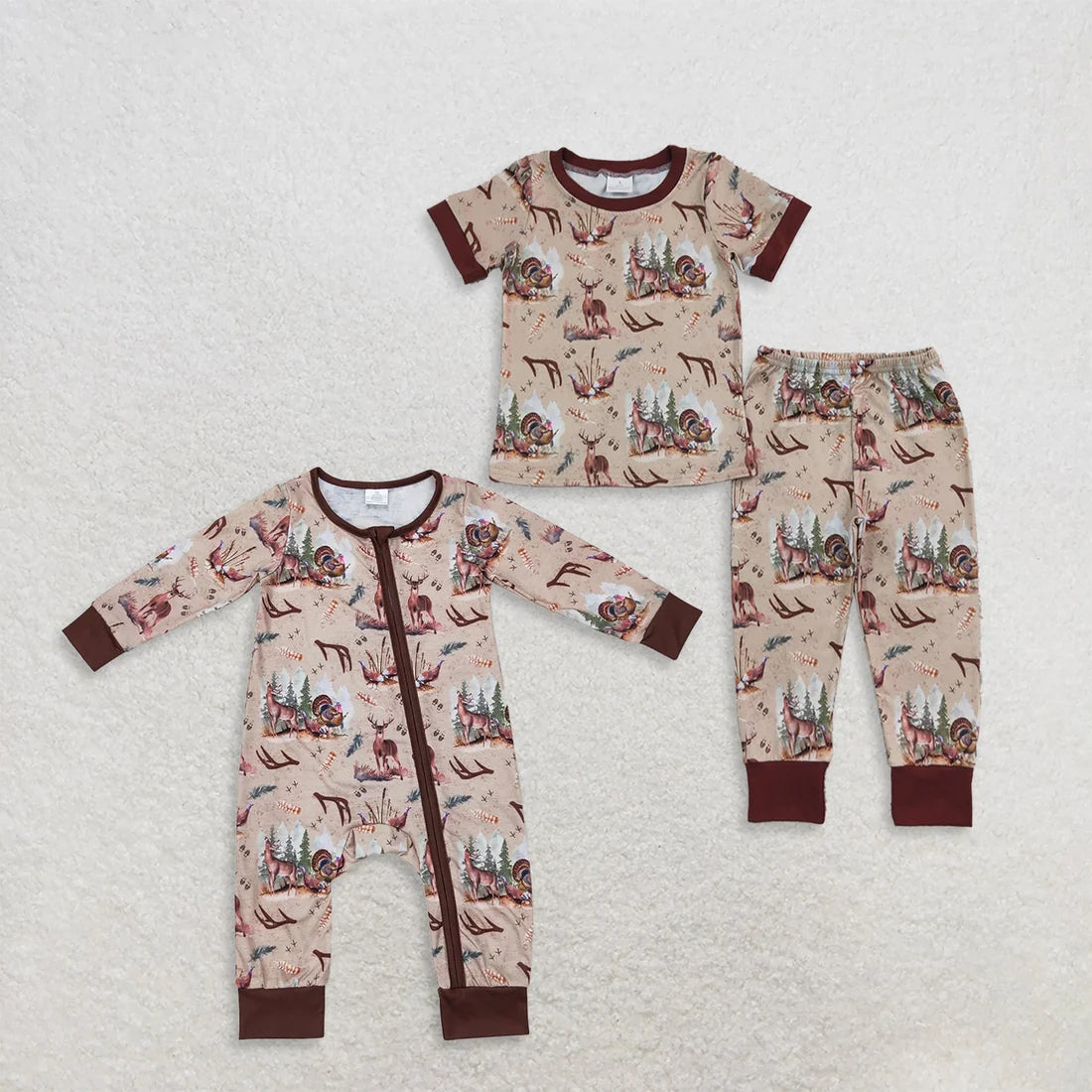 Sibling Baby Boys Hunting Deer Short Sleeve Top Pants Pajama Set +Zipper Romper