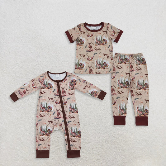 Sibling Baby Boys Hunting Deer Short Sleeve Top Pants Pajama Set +Zipper Romper