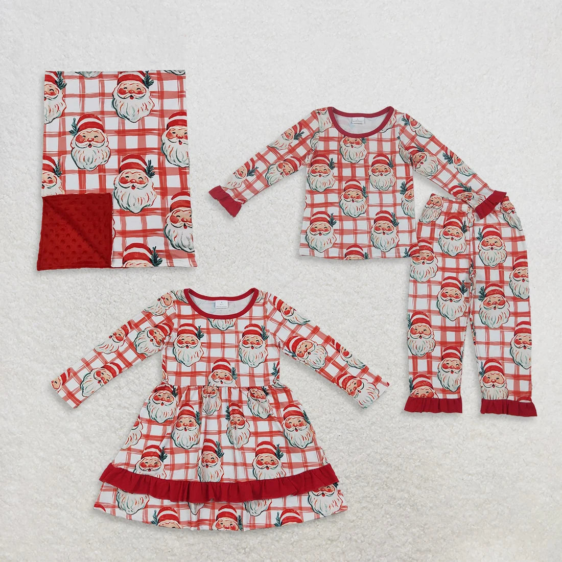 Sibling Baby Girls Christmas Santa Plaid Long Sleeve Pajama Set Dress Blanket
