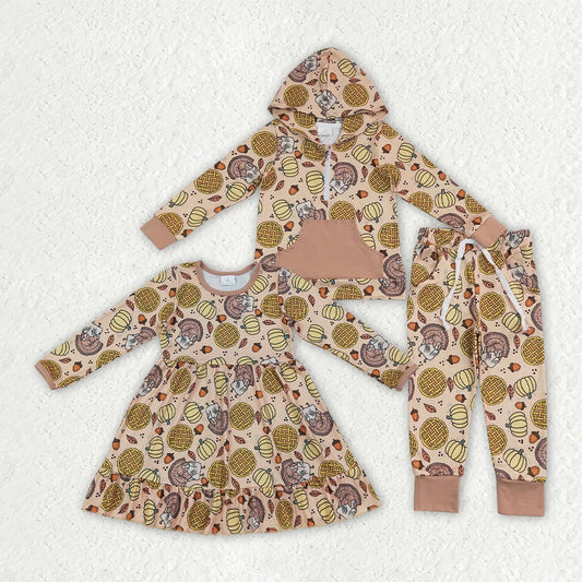 Sibling Baby Girls and Boys Pumpkin Pie Turkey Hoodie Outfit +Dress