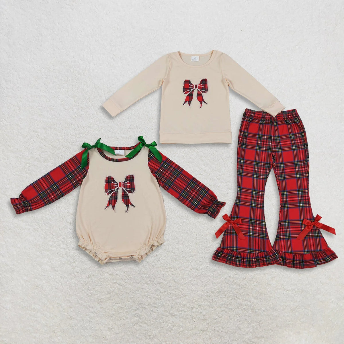 Sibling Baby Girls Christmas Embroidery Bow Ruffle Pliad Pants Outfit and Romper