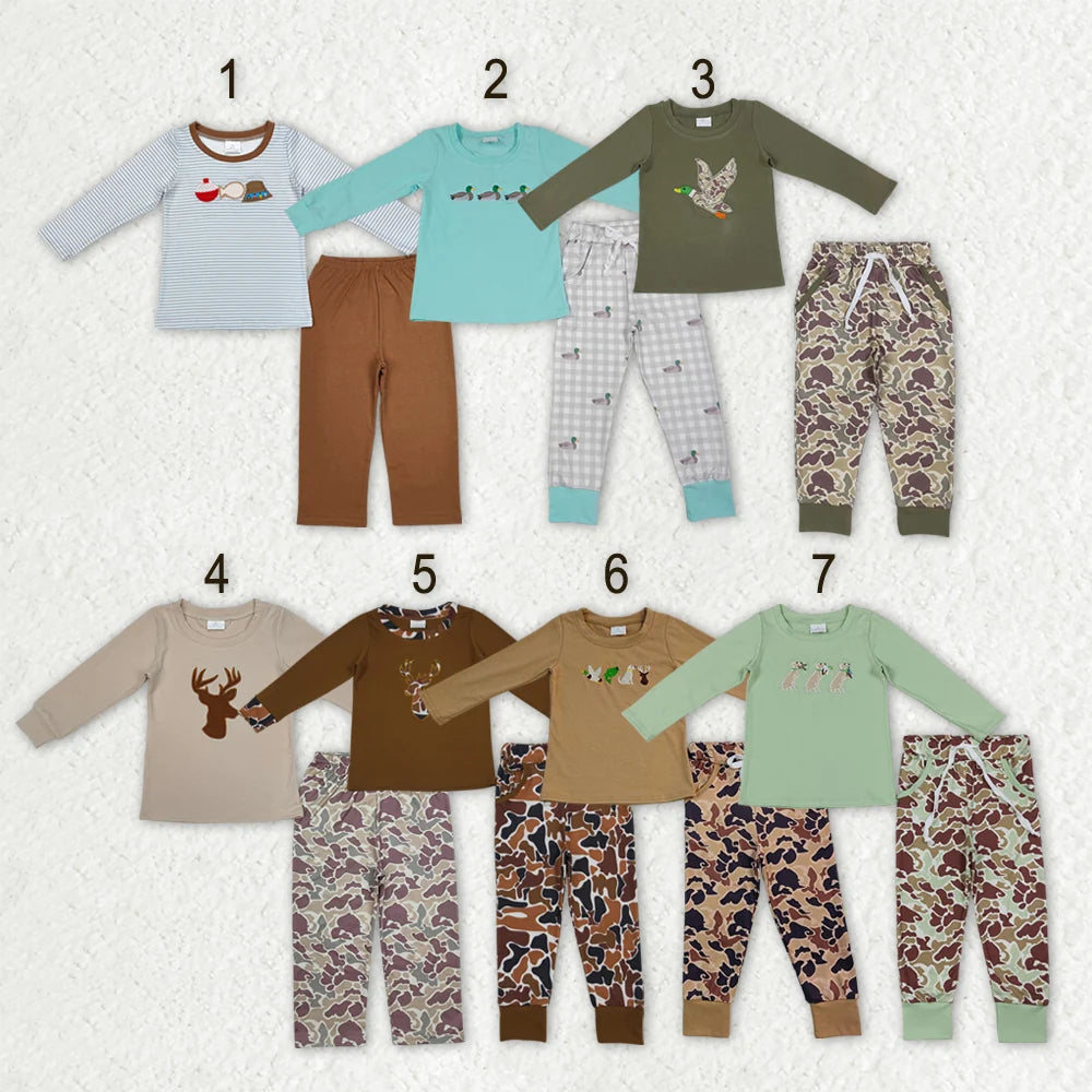 Sibling Kids Boys Embroidery Hunting Duck Long Sleeve Top Pants Outfit