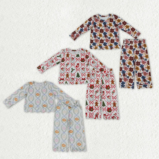Sibling Kids Girls Pumpkin Christmas Floral Long Sleeve Top Scallop Outfit