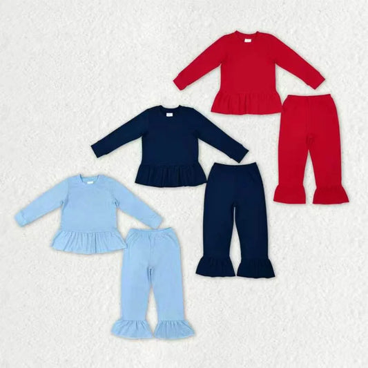 Sibling Kids Girls  Solid Color Long Sleeve Tunic Top Ruffle Pants Outfit