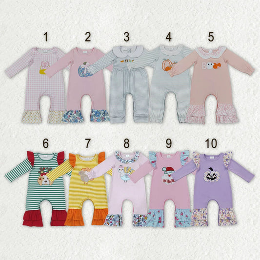 Sibling Baby Girls Holiday Embroidery Turkey Pumpkin Fall Long Sleeve Pants Romper
