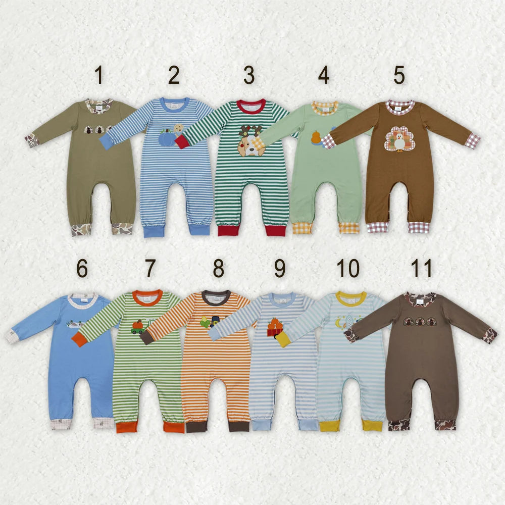 Sibling Baby Boys Fall Embroidery Pumpkin Turkey Long Sleeve Romper