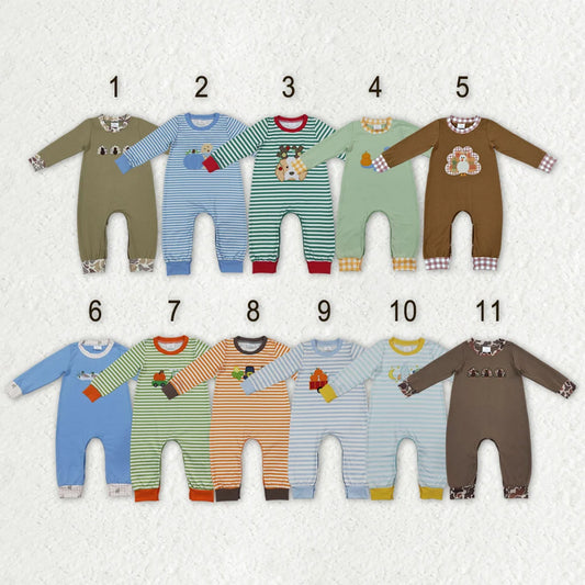 Sibling Baby Boys Fall Embroidery Pumpkin Turkey Long Sleeve Romper
