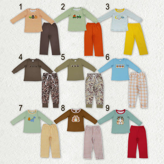 Sibling Kids Boys Holiday Embriodery Pumpkin Turkey Long Sleeve Top Pants Outfit