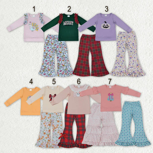 Sibling  Baby Girls Embroidery Turkey Long Sleeve Top Falre Pants Outfit