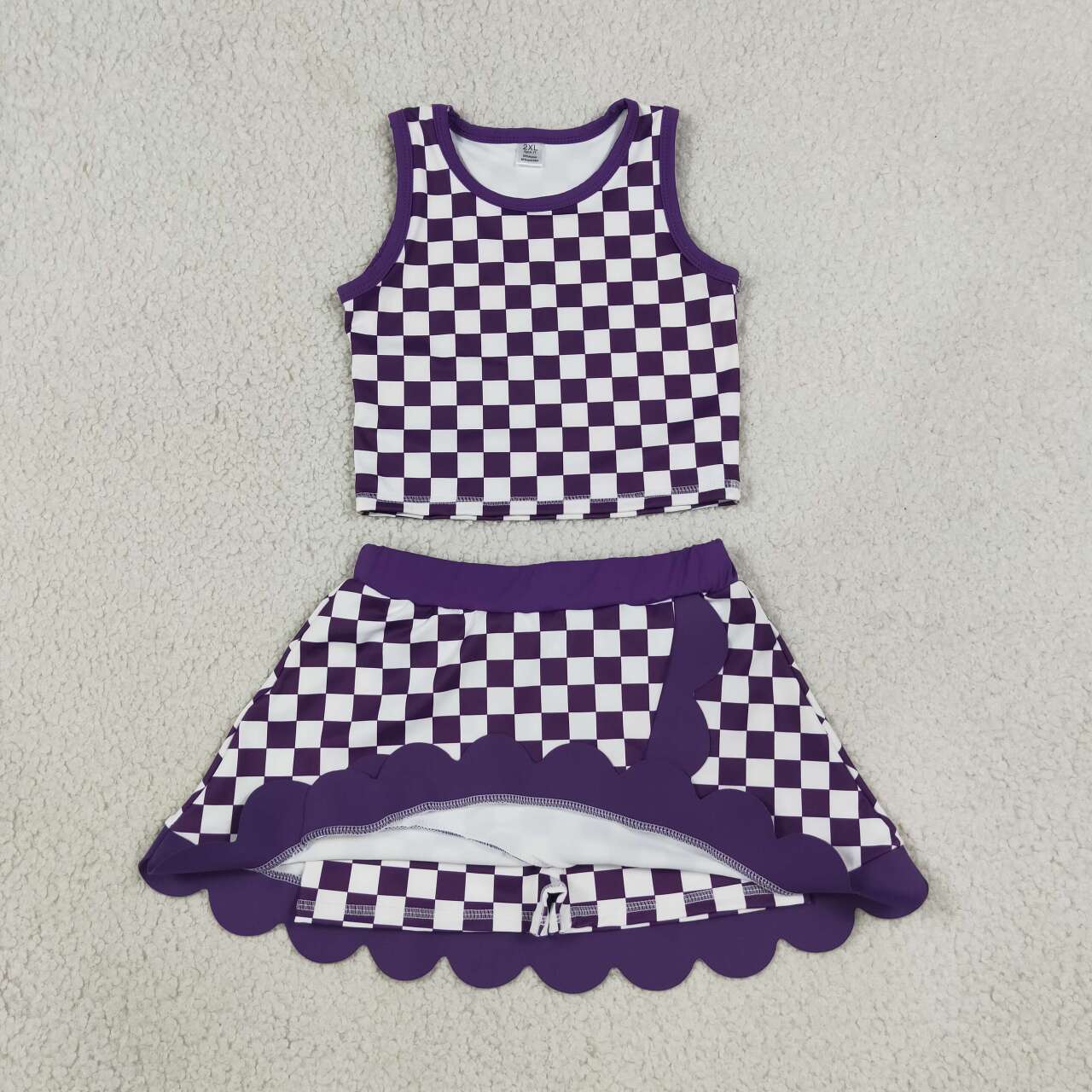 GSD4251 Teams Purple Checkered Tank Top Scallop Edge Skort Girls Active Clothes Yoga Outfits