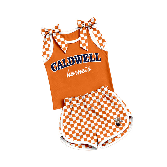 (Custom Design Preorder MOQ 5) Teams Caldwell Hornets Bows Vest Top Checkerd Shorts Mommy and Me Summer Yoga Clothes Set