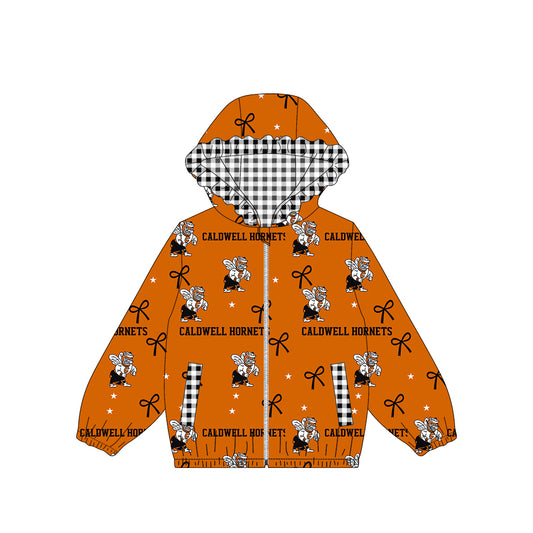 (Custom Design Preorder MOQ 5) Teams Caldwell Hornets Orange Bows Stars Print Girls Pockets Zipper Ruffle Hoodie Yoga Jacket Top