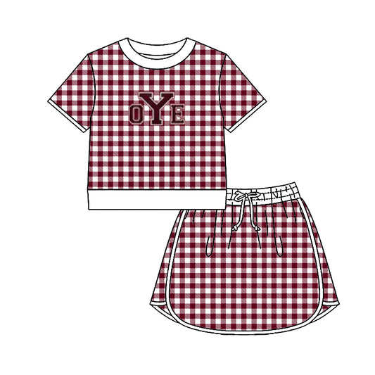(Custom Design Preorder MOQ 5) Teams Cameron Yoemen  Top Wine Checkerd Skort Girls Summer Yoga Clothes Set