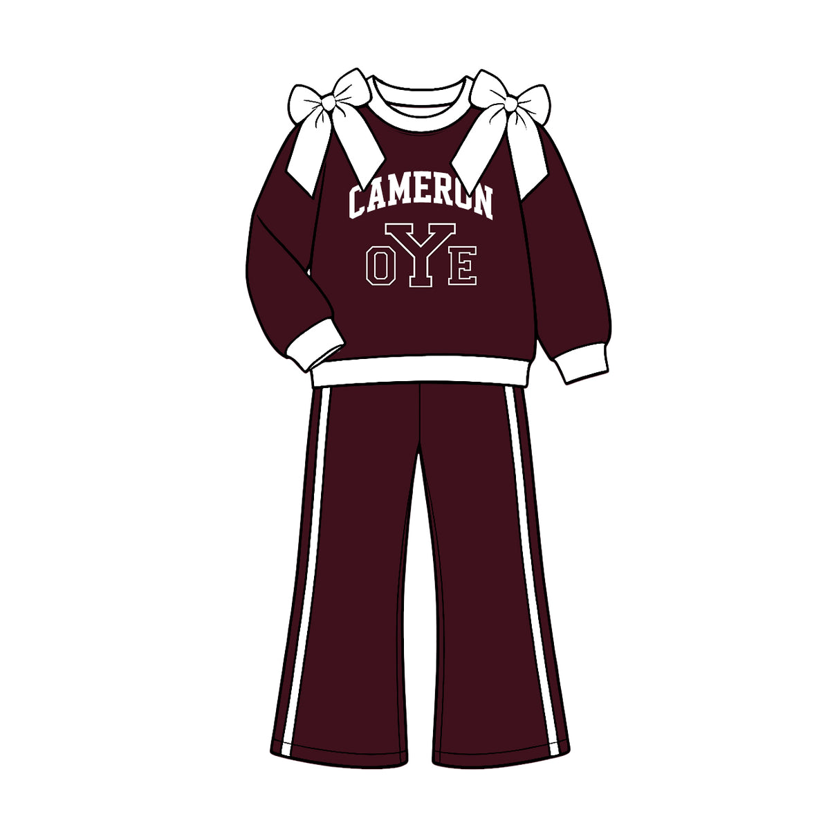 (Custom Design Preorder MOQ 5) Teams Cameron Yoemen White Bows Top Wine Pockets Pants Girls Clothes Set