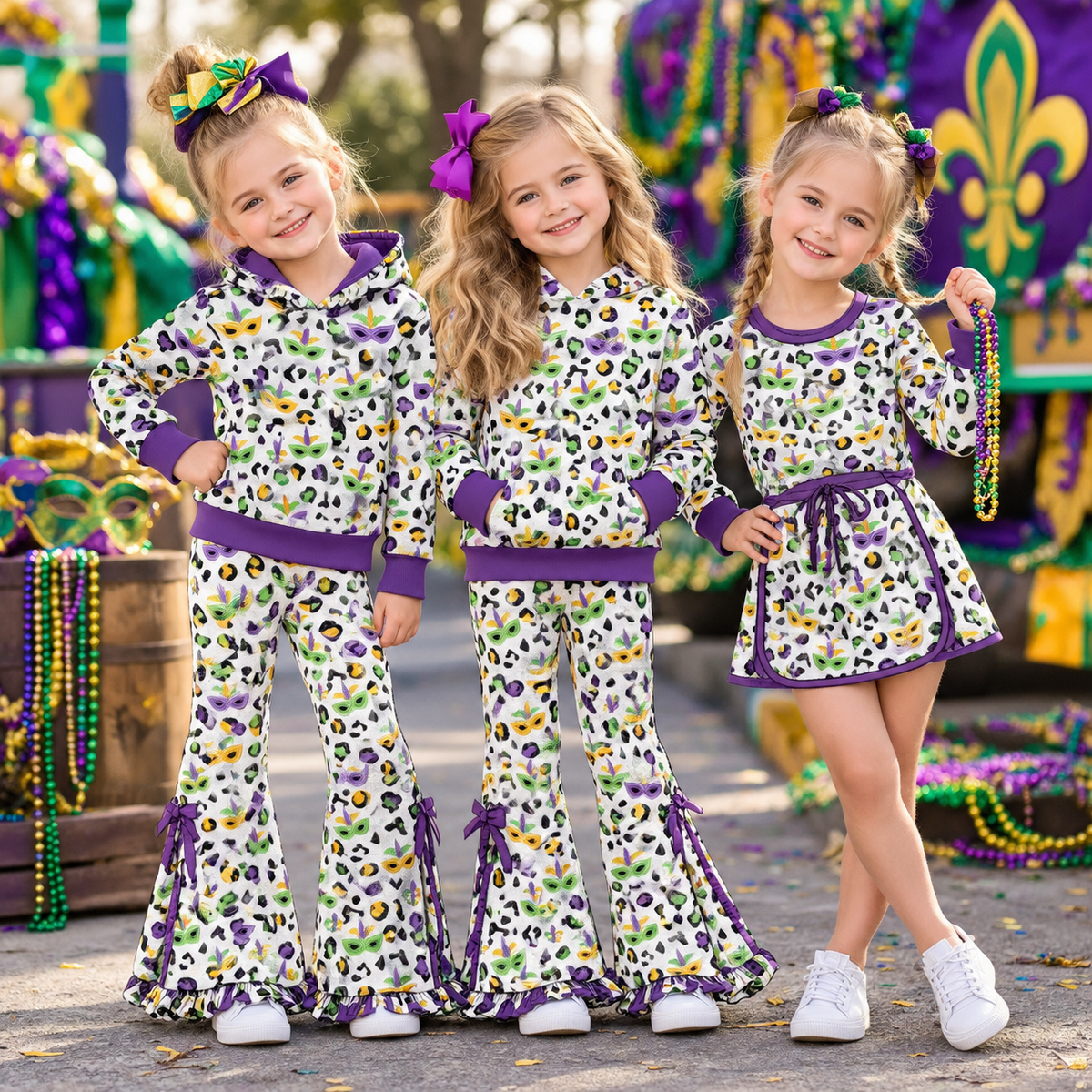 (Custom Design Preorder MOQ 5 Each) Mask Leopard Print Girls Mardi Gras Clothes Set Sisters Wear