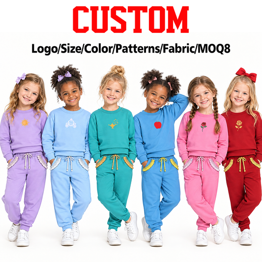 (Custom Design Preorder MOQ 5 Each) Solid Color Cotton Long Sleeve Top Ruffle Pants Girls Princess Clothes Set Sisters Wear
