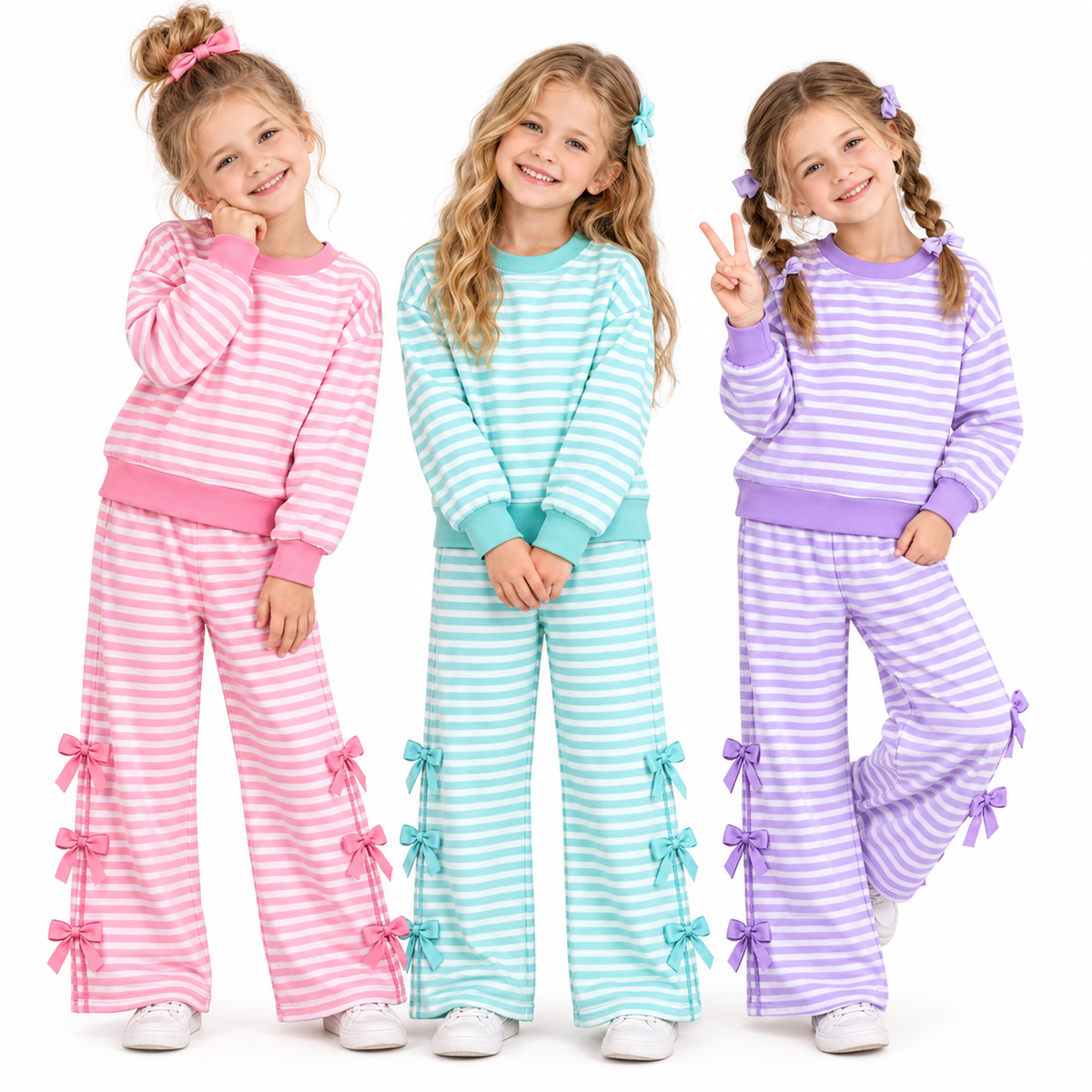 (Custom Design Preorder MOQ 5 Each) Stripes Print Long Sleeve Top Wide Leg Pants with Side Bows Girls Clothes Set Sisters Wear