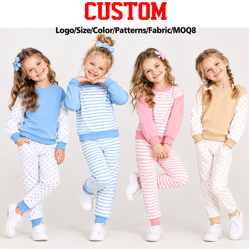 (Custom Design Preorder MOQ 5 Each) Stripes Print Girls Pajamas Clothes Set Sisters Wear