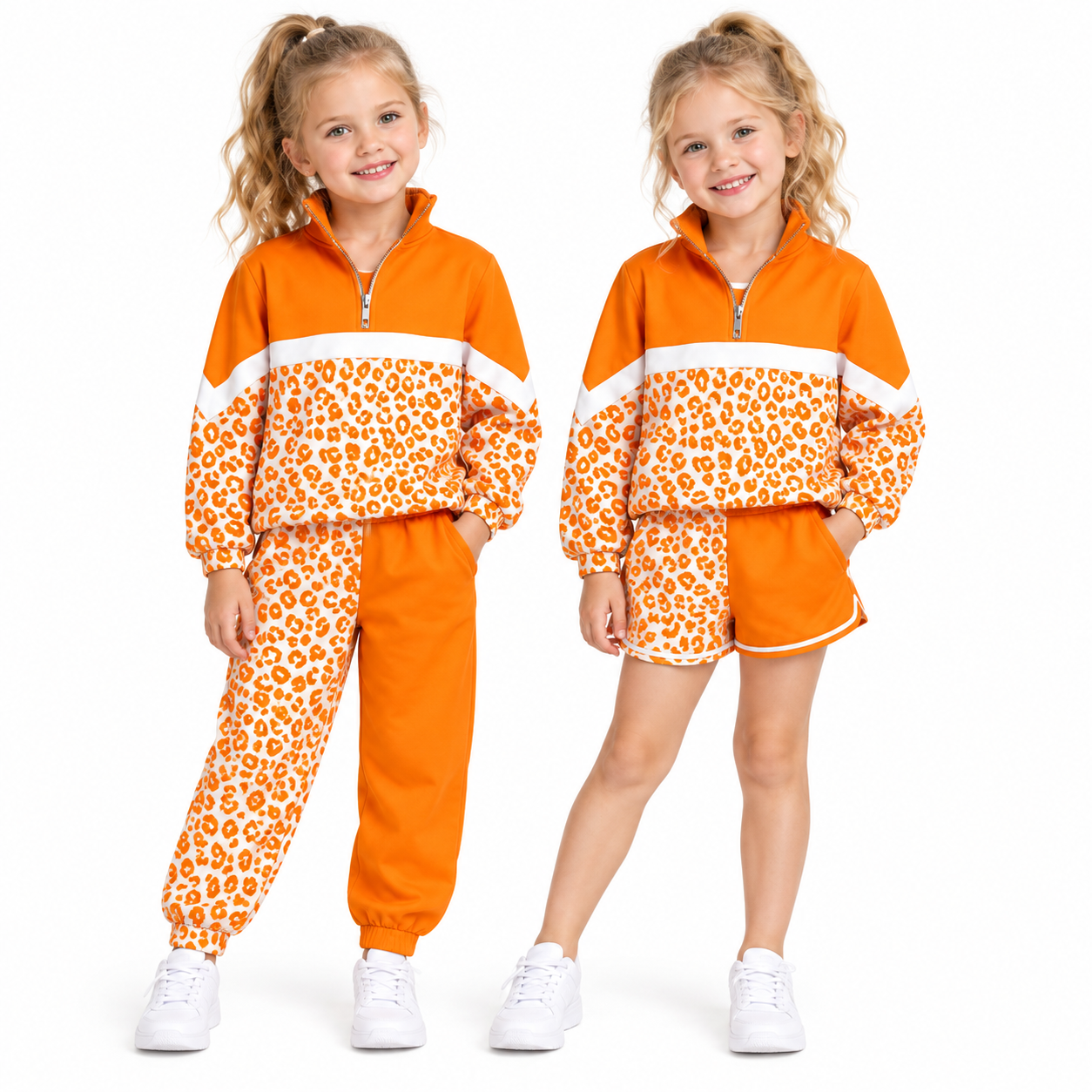 (Custom Design Preorder MOQ 5) Teams Orange Leopard Zipper Pullover Top Split Joggers Pants Girls Kids Fall Clothes Set