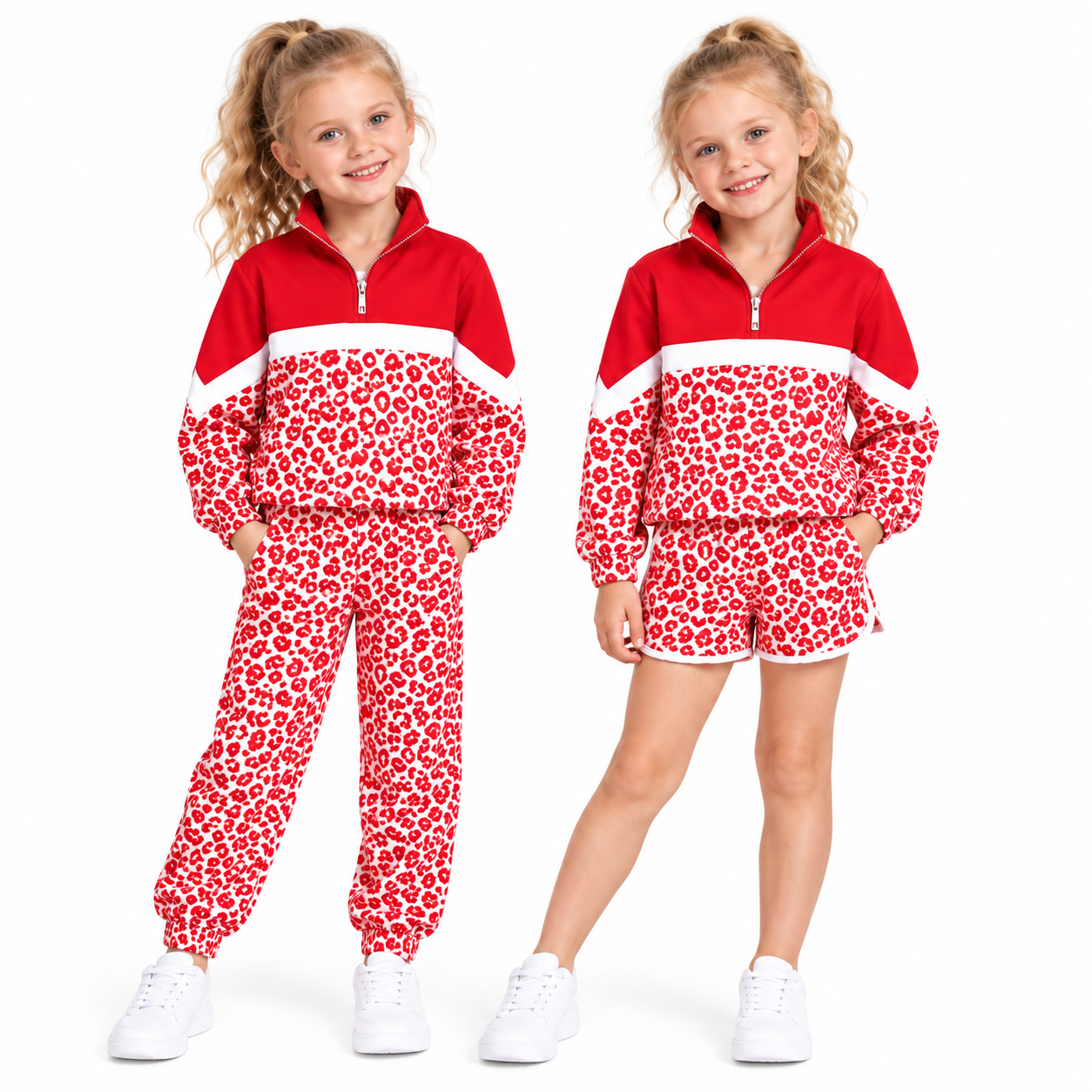 (Custom Design Preorder MOQ 5) Teams Red Leopard Zipper Pullover Top Split Joggers Pants Girls Kids Fall Clothes Set