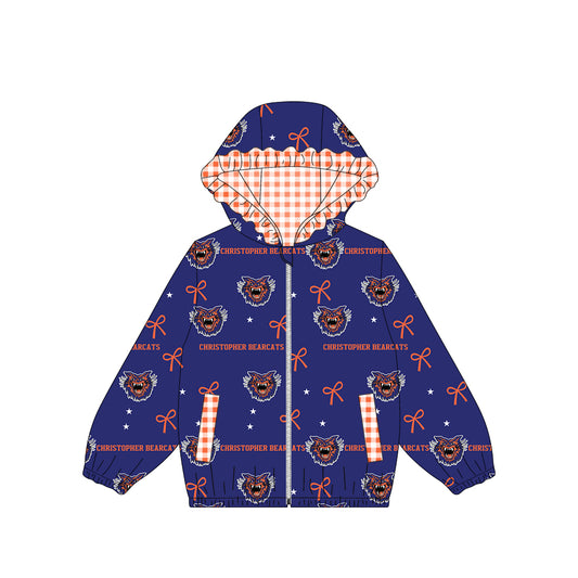 (Custom Design Preorder MOQ 5) Teams Christopher Bearcats Bows Stars Print Girls Pockets Zipper Ruffle Hoodie Yoga Jacket Top