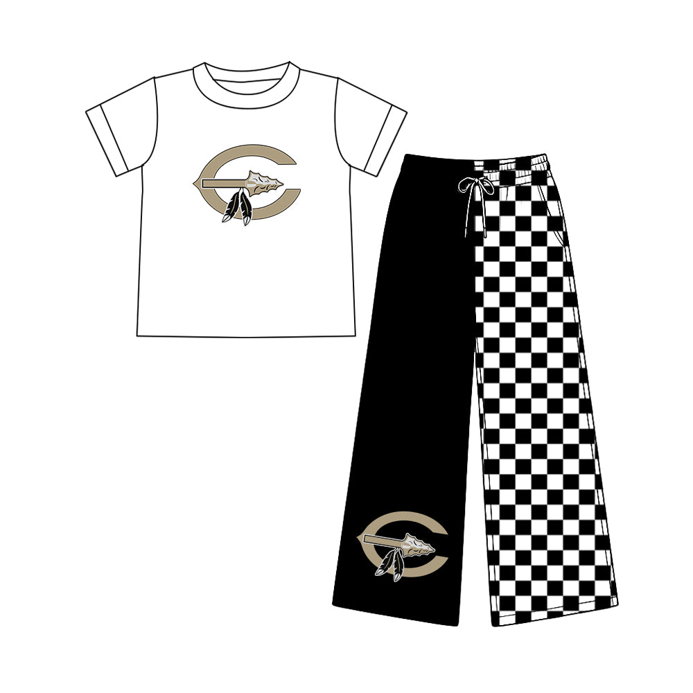 (Custom Design Preorder MOQ 5) Adult Teams Comanche White Top Black Checkered Straight Pants Woman Clothes Set