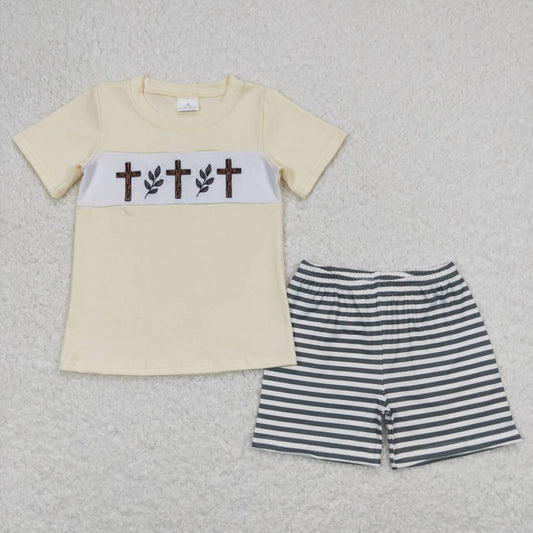 BSSO0459 Cross Embroidery Top Stripes Shorts Boys Easter Clothes Set