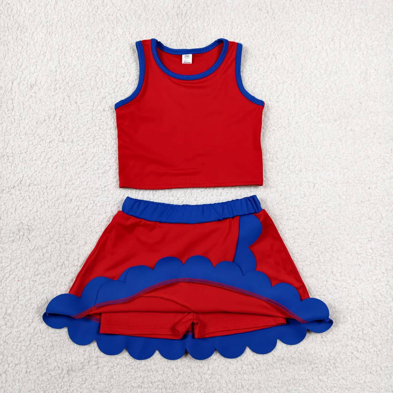 GSD4097 Red Sleeveless Tank Top Blue Scallop Edge Skort Girls Summer Yoga Clothes Set