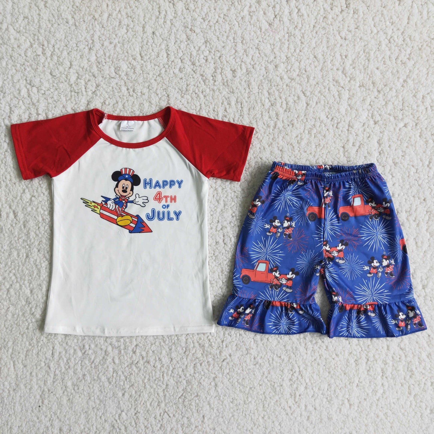 (Promotion)D10-28 Cartoon Mouse Top Fireworks Shorts Girls 4th of July Clothes Set