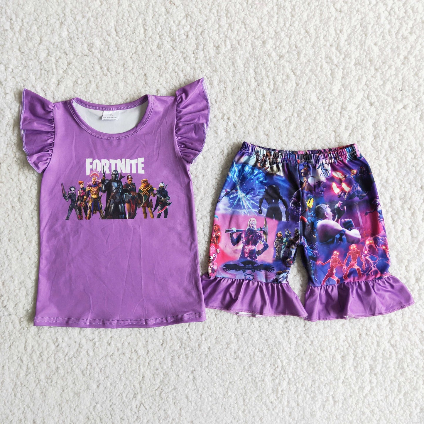 (Promotion)D11-28 Cartoon Games Fortnit* Purple Girls Summer Clothes Set