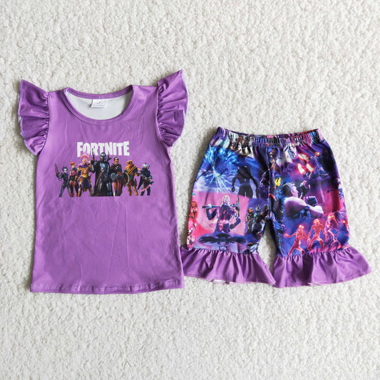 (Promotion)D11-28 Cartoon Games Fortnit* Purple Girls Summer Clothes Set