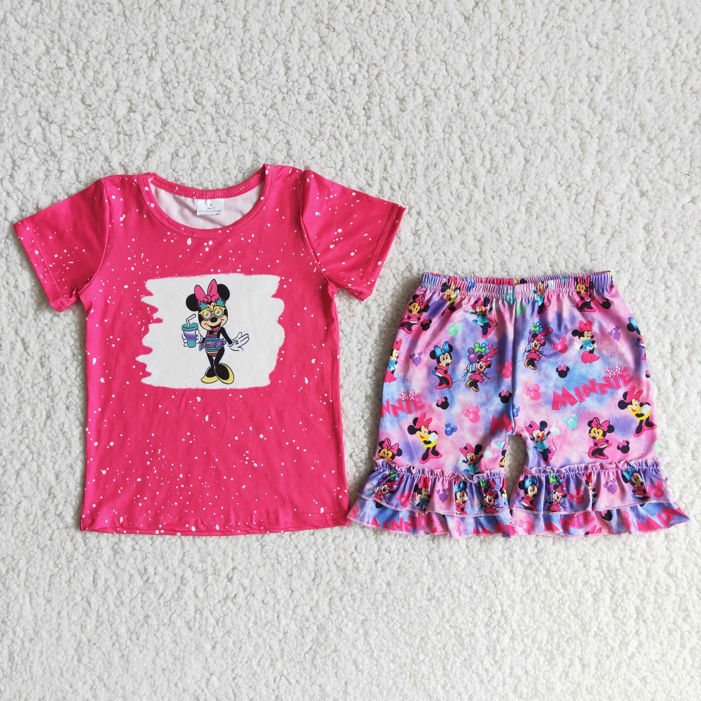 cartoon mouse hot pink top ruffles shorts girls summer outfits D12-28