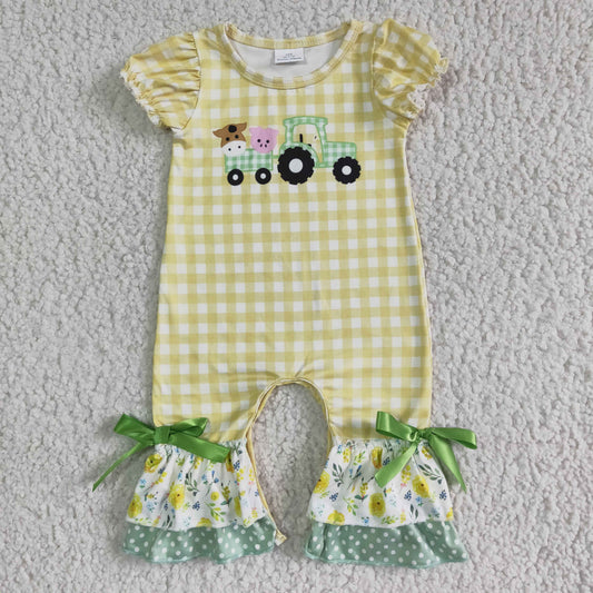 (Promotion)D13-11 Tractor Animals Yellow Plaid Print Baby Girls Summer Ruffle Romper