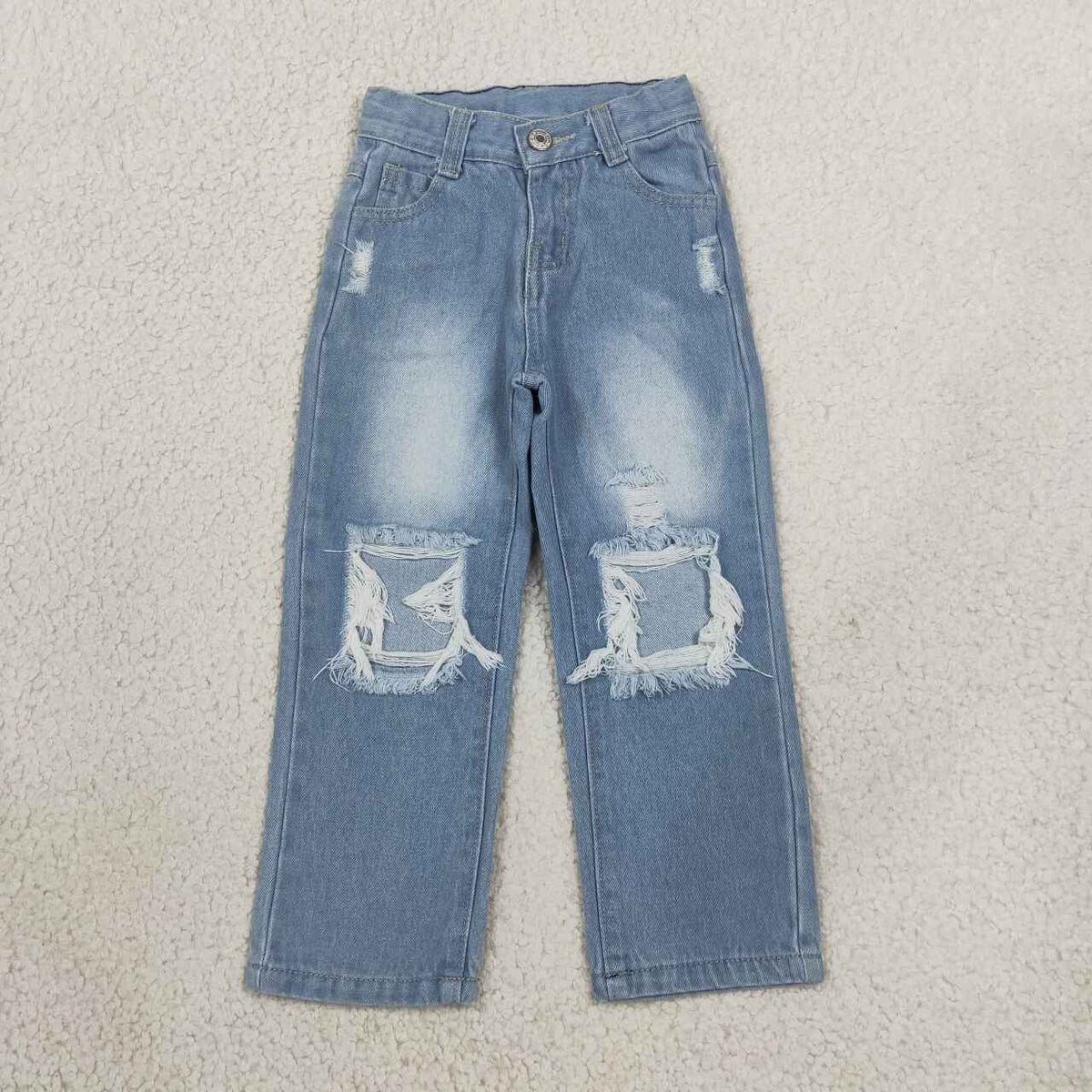 D4-16 Light Blue Frayed Hole Straight Denim Jeans Kids Bottom Casual Pants