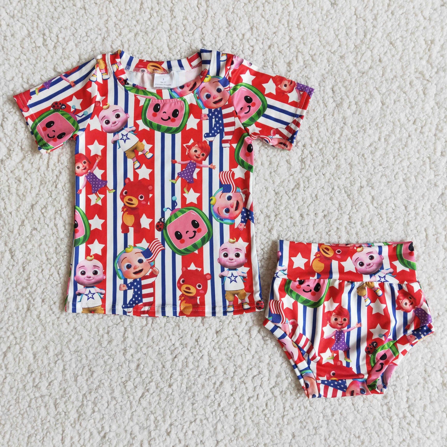 (Promotion)D4-5 Cartoon Watermelon Stars Stripes Print Baby 4th of July Bummie Set