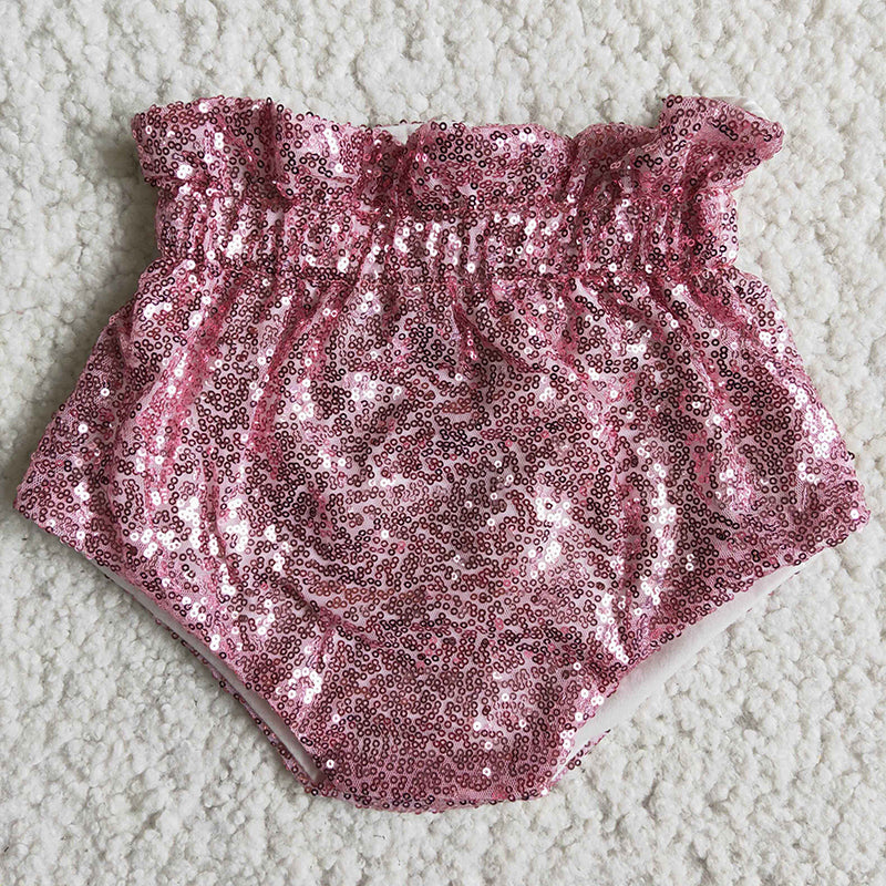 D5-14-1 Pink Baby Girls Sequins Bummie Shorts