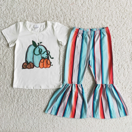 D5-28 Pumpkin White Top Colorful Stripes Bell Pants Girls Fall Clothes Set