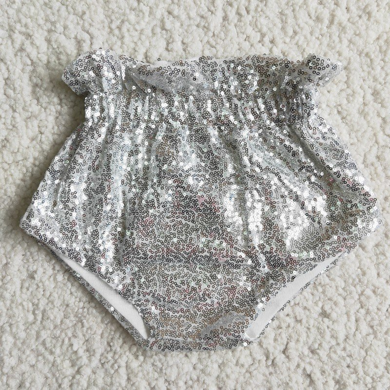 D5-9 Silver Baby Girls Sequins Bummie Shorts