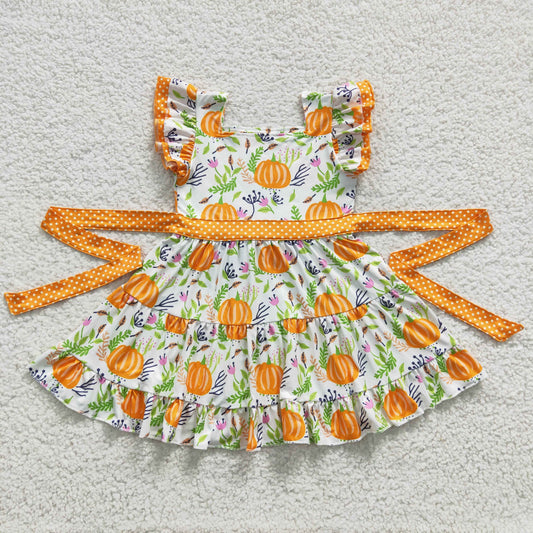 (Promotion) D6-20 Pumpkin Flowers Girls Fall Flutter Sleeve Knee Length Dress