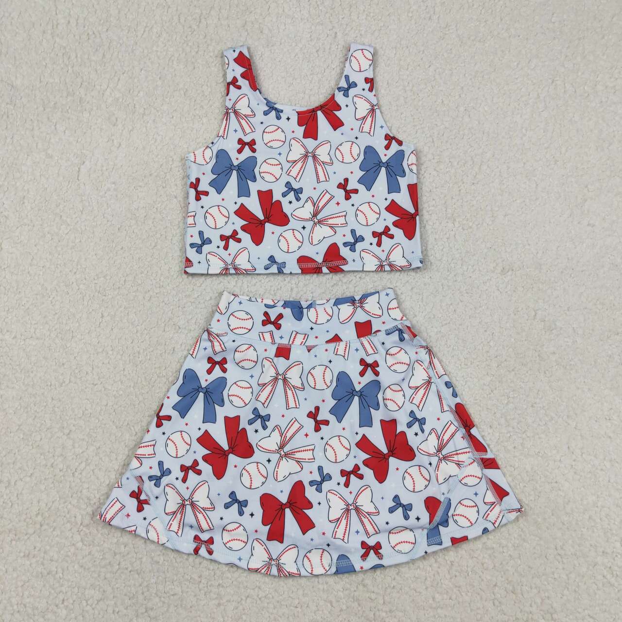 GSD2151 Baseball Bows Tank Top Skirts Shorts Girls 4th of July Yoga Clothes Set