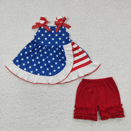 (Promotion)D7-1 Stripes Stars Strap Tunic Top Red Shorts Girls 4th of July Clothes Set