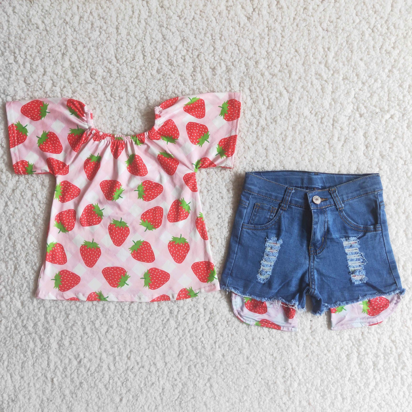 Strawberry Top Blue denim shorts Girls summer outfits  D8-29