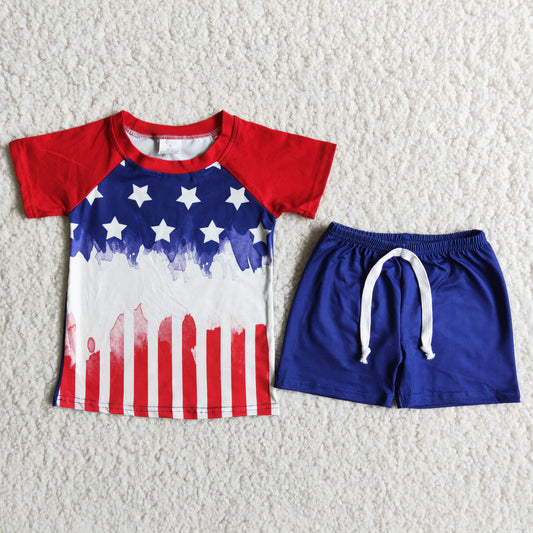 (Promotion)D9-14 Stars Stripes Top Blue Shorts Boys 4th of July Clothes Set