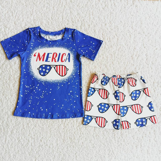 (Promotion)D9-28  MERICA Sunglasses Blue Top White Shorts Boys 4th of July Clothes Set