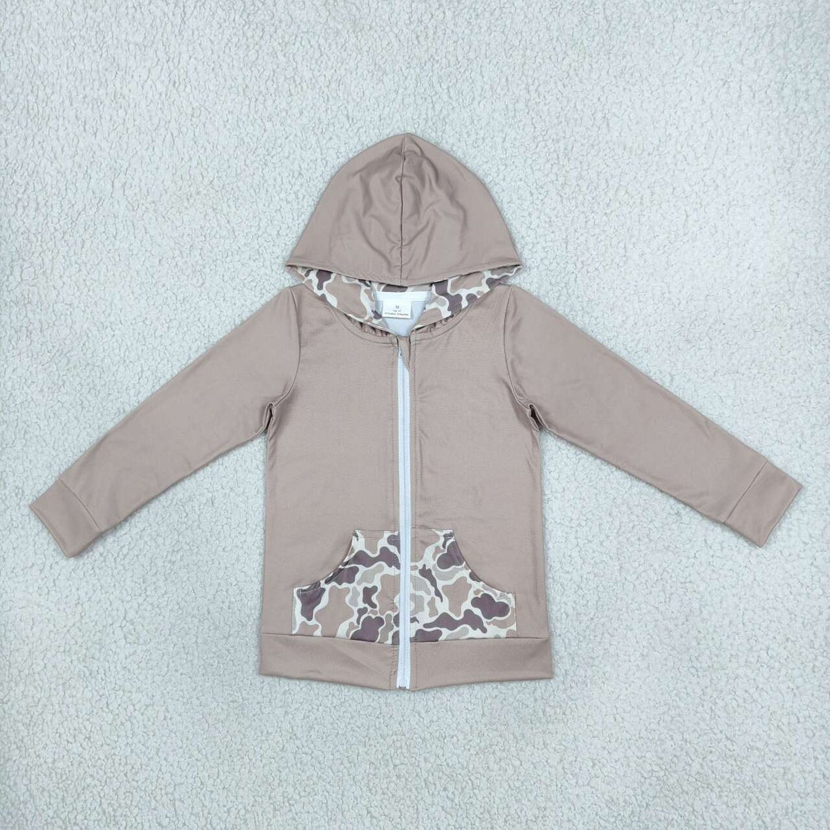GT1144 Deer Camo Brown Print Boys Pockets Zipper Hoodie Jackets Top