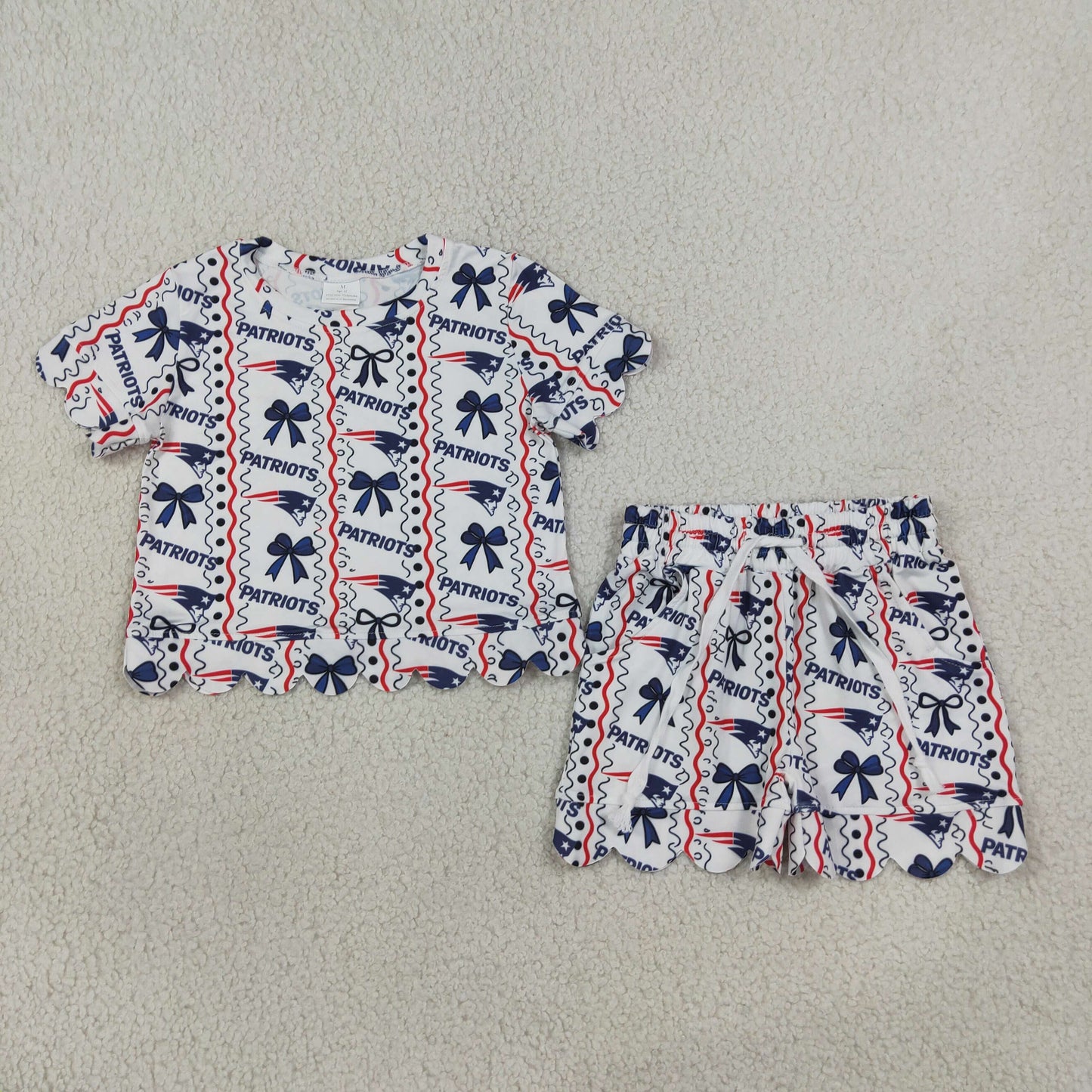 GSSO3854 Teams PATRIOTS Bows Print Girls Summer Scallop Clothes Set